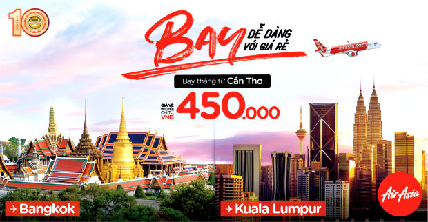 Air Asia mở đường bay thẳng Cần Thơ đến Kuala Lumpur và Bangkok